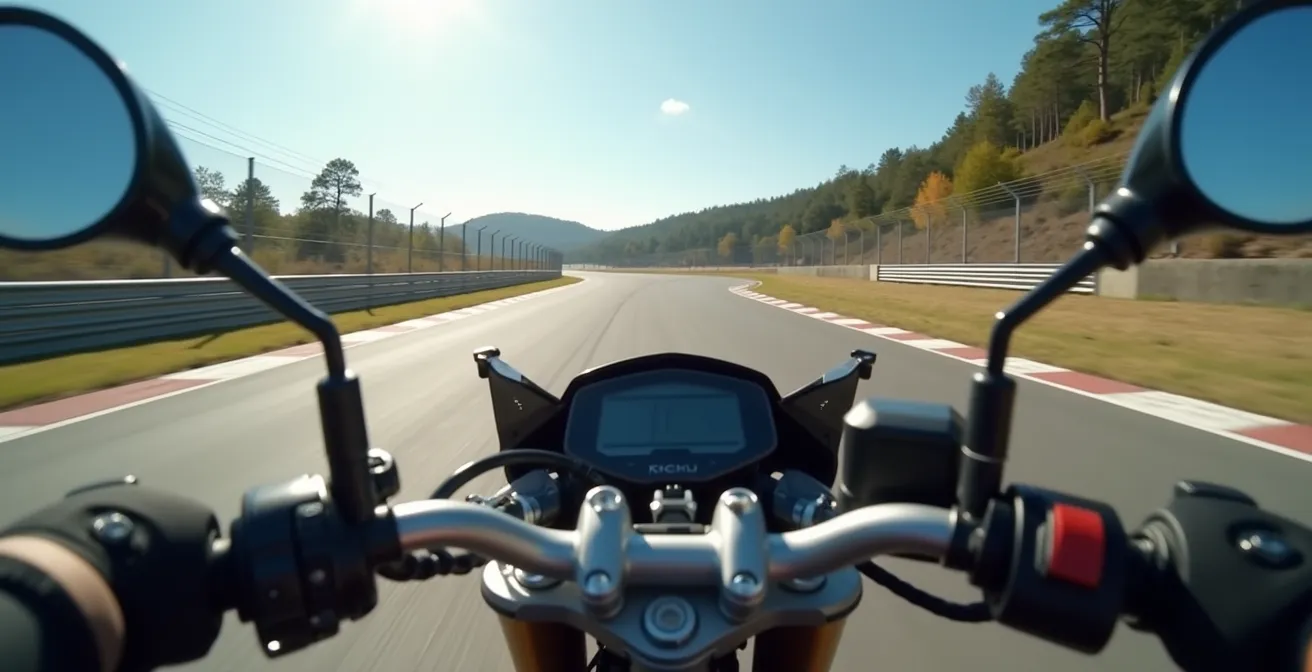 Vue subjective depuis le casque d'un pilote moto regardant le point de corde dans un virage de circuit