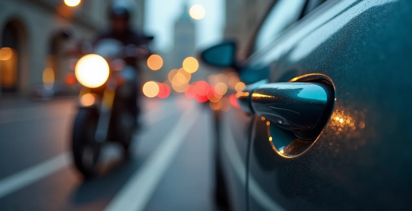Perspective macro montrant les détails d'une portière de voiture avec zone de danger visualisée