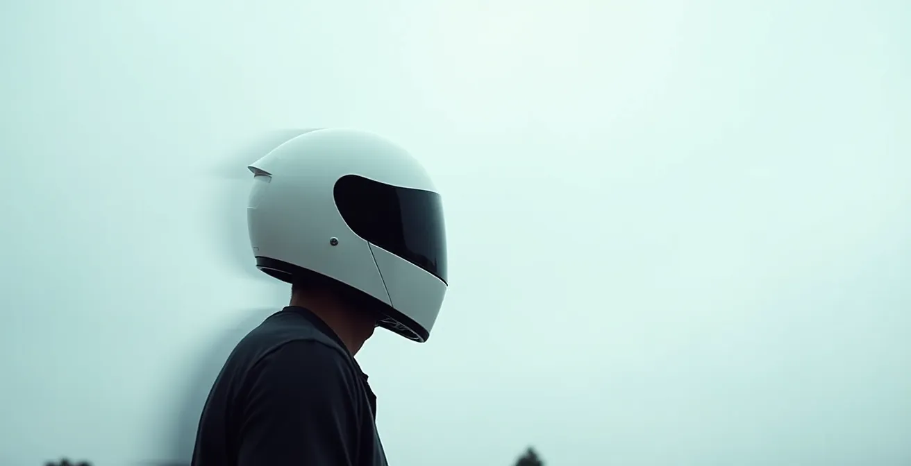 Vue latérale d'un casque de moto montrant les zones de turbulences aérodynamiques créant du bruit